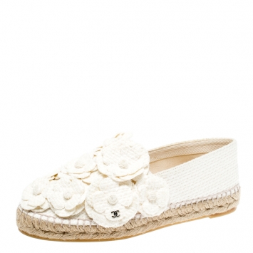 Pre Owned Chanel White Canvas CC Camellia Espadrilles Size 37