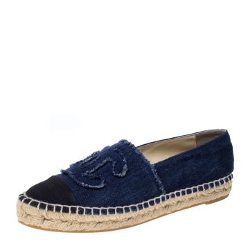 Pre Owned Chanel Blue/Black Denim CC Cap Toe Espadrilles Size 37