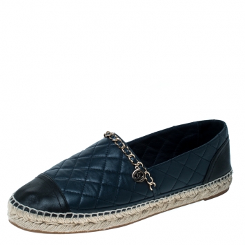 Pre Owned Chanel Navy Blue/Black Leather CC Chain Espadrille Flats Size 42