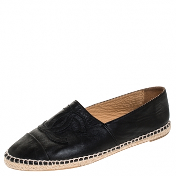 Pre Owned Chanel Black Leather CC Espadrille Slip On Loafers Size 39 