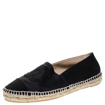 Pre Owned Chanel Black Satin And Canvas CC Espadrilles Loafers Size 40
