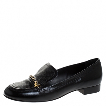 Pre Owned Chanel Black Leather Chain Detail Flat Loafers Size 40