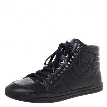 Pre Owned Chanel Black Leather CC High Top Sneakers Size 40