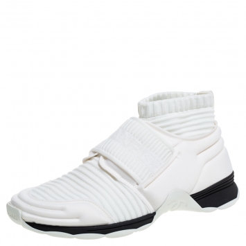 Pre Owned Chanel White Stretch Fabric Knit Sock CC Logo Flat Sock Sneakers Size 37