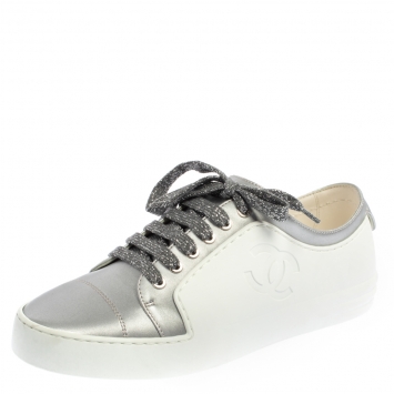 Pre Owned Chanel White/Silver Leather CC Low Top Sneakers Size 37