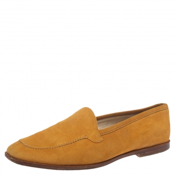 Pre Owned Chanel Yellow Suede CC Slip On Loafers Size 37.5