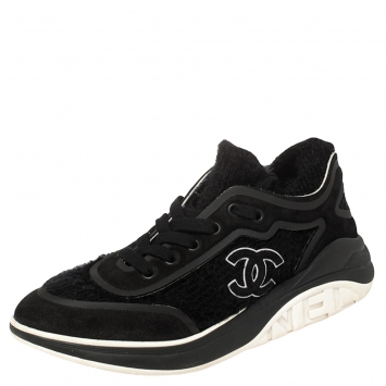Pre Owned Chanel Black Suede And Fabric CC Low Top Sneakers Size 38