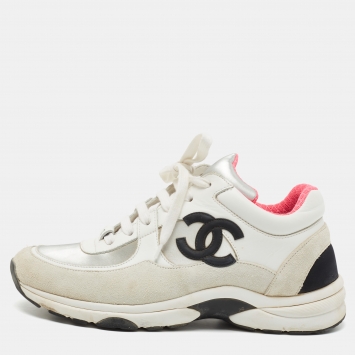 Pre Owned Chanel Grey/White Suede and Leather CC Sneakers Size 38