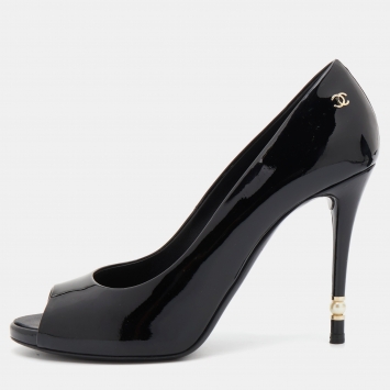Pre Owned Chanel Black Patent Leather CC Pearl Embellished Heel Peep Toe Pumps Size 38.5