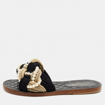 Pre Owned Chanel Black Woven Fabric Cuba Braid Pearl Flat Slides Size 39