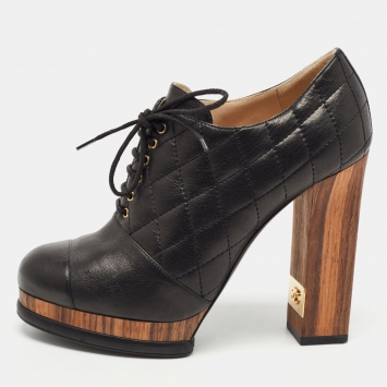 Pre Owned Chanel Black Quilted Leather CC Block Heel Lace Up Platform Booties Size 38