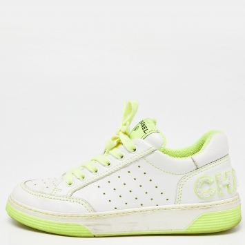 Pre Owned Chanel White/Neon Green Leather Logo Sneakers Size 38