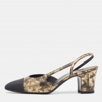 Pre Owned Chanel Black/Gold Leather CC Cap Toe Slingback Pumps Size 38