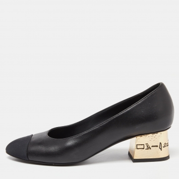 Pre Owned Chanel Black Leather and Fabric Cap Toe CC Pumps Size 37