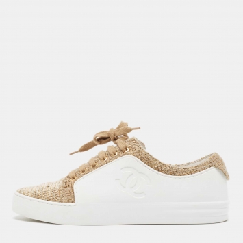 Pre Owned Chanel Gold/White Tweed and Rubber CC Low Top Sneakers Size 38