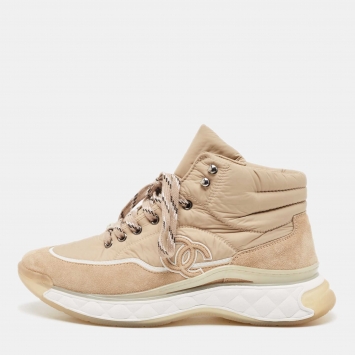Pre Owned Chanel Beige Suede and Fabric CC High Top Sneakers Size 42