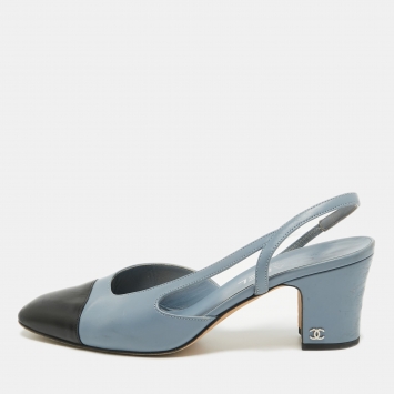 Pre Owned Chanel Blue/Black Leather CC D'orsay Slingback Pumps Size 40