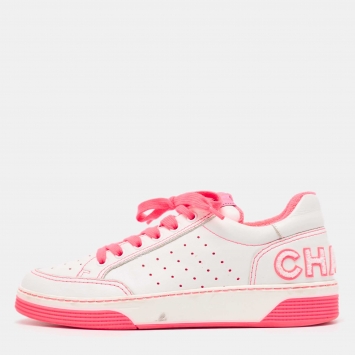 Pre Owned Chanel White/Pink Leather 22P Trainer Sneakers Size 38.5
