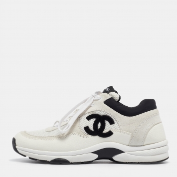 Pre Owned Chanel Grey Suede and Mesh CC Lace Up Sneakers Size 39