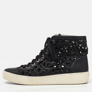 Pre Owned Chanel Black Leather and Lace Cut Out High Top Sneakers Size 37.5