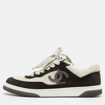 Pre Owned Chanel Grey/Black Suede Interlocking CC Logo Sneakers Size 39.5