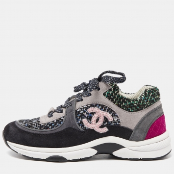 Pre Owned Chanel Multicolor Tweed and Suede CC Low Top Sneakers Size 36.5