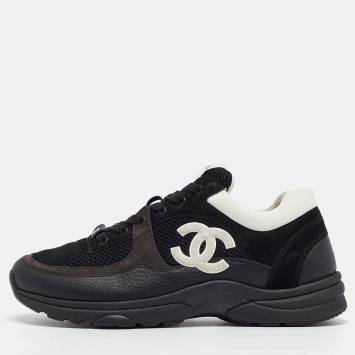 Pre Owned Chanel Black Leather and Mesh CC Low Top Sneakers Size 40