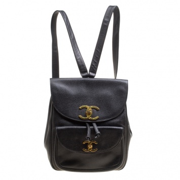 Pre Owned Chanel Black Caviar Leather Vintage CC Drawstring Backpack