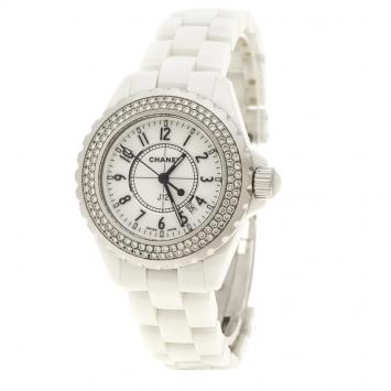 Pre Owned Chanel White Ceramic Stainless Steel Diamond J12 Women's Wristwatch 33 mm
