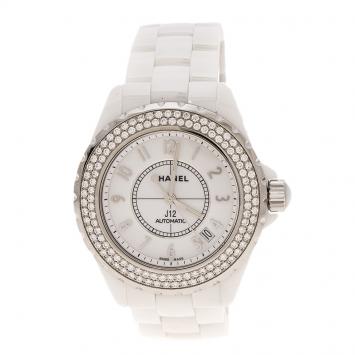 Pre Owned Chanel White Ceramic Stainless Steel Diamond J12 Women's Wristwatch 38 mm