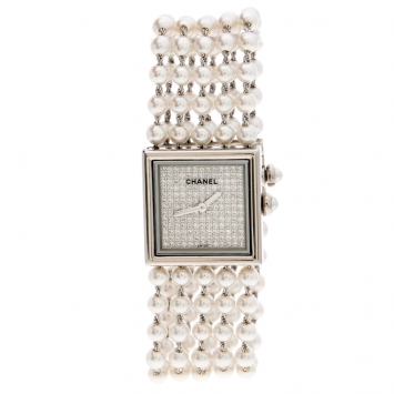 Pre Owned Chanel Cultured Pearl Diamond & 18k White Gold Mademoiselle H 1434 Women's Wristwatch 23MM