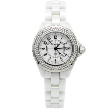 Pre Owned Chanel White Ceramic J12 Diamond Bezel Women's Watch 33MM