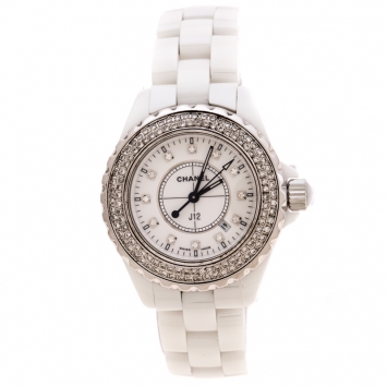 Pre Owned Chanel White Stainless Steel Ceramic Diamonds J12 Women's Wristwatch 33 mm