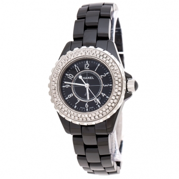 Pre Owned Chanel Black Ceramic Stainless Steel Diamonds J12 Women's Wristwatch 34 mm