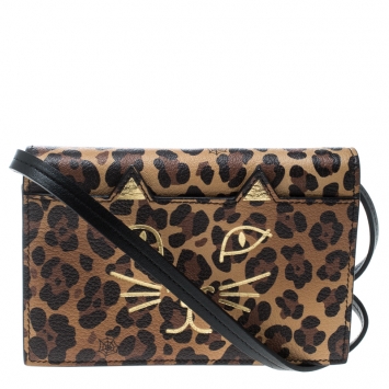 Pre Owned Charlotte Olympia Brown Leopard Print Leather Feline Purse Shoulder Bag