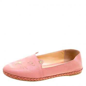Pre Owned Charlotte Olympia Pink Leather Capri Cat Espadrille Loafers Size 38.5