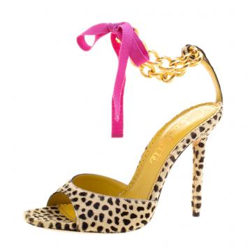 Pre Owned Charlotte Olympia Leopard Print Pony Hair Chain Ankle Strap Sandals Size 39.5