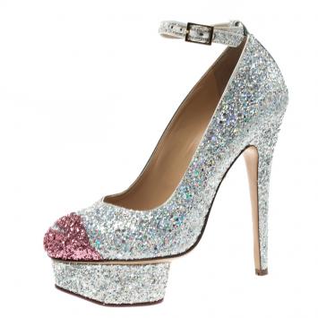 Pre Owned Charlotte Olympia Two Tone Glitter Kiss Me Dolores! Ankle Strap Platform Pumps Size 36.5 