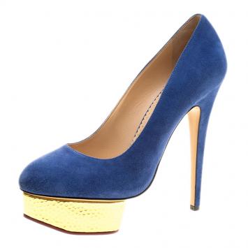 مملوكة مسبقًا Charlotte Olympia Blue Suede Dolly Platform Pumps Size 39.5