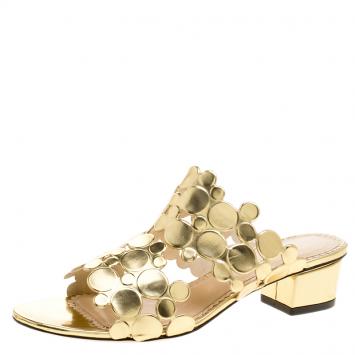 Pre Owned Charlotte Olympia Metallic Gold Leather Conceptual Peep Toe Slides Size 36