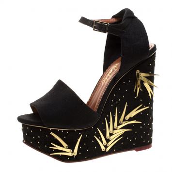 Pre Owned Charlotte Olympia Black Canvas Mischievous Peep Toe Embellished Wedge Sandals Size 37.5