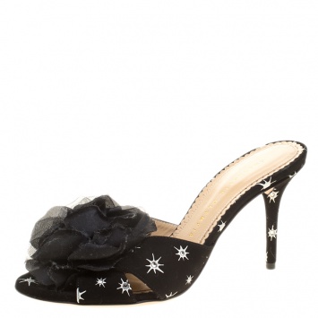 Pre Owned Charlotte Olympia Black Crystal Embellished Suede Coquette Flower Embellished Slides Size 37.5