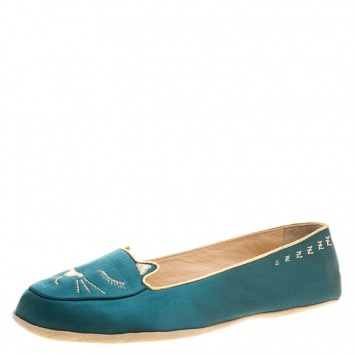 Pre Owned Charlotte Olympia Green Satin Cat Nap Slipper Set M