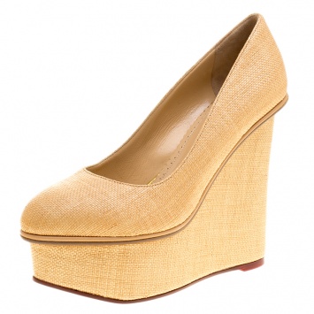 Pre Owned Charlotte Olympia Beige Raffia Carmen Wedge Platform Pumps Size 37.5