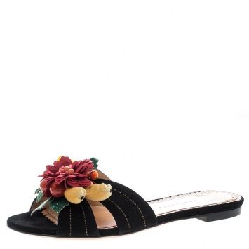 Pre Owned Charlotte Olympia Black Suede Tropical Floral Embellished Flat Slides Size 36
