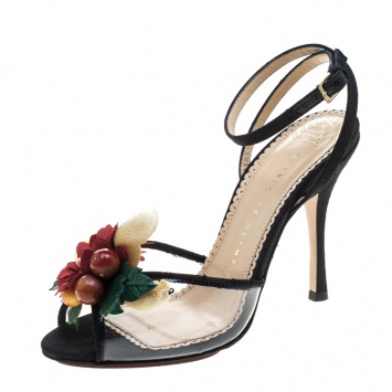 Pre Owned Charlotte Olympia Black Silk And PVC Tropicana Embellished Sandals Size 40.5