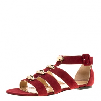 Pre Owned Charlotte Olympia Garnet Red Suede One More Kiss Flat Gladiator Sandals Size 40