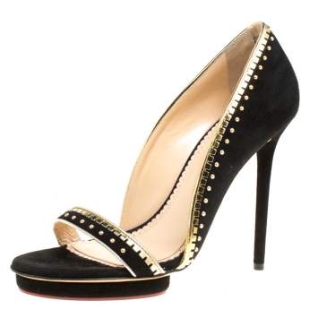 مملوكة مسبقًا Charlotte Olympia Black Suede Christine Stud Embellished Open Toe Sandals Size 41