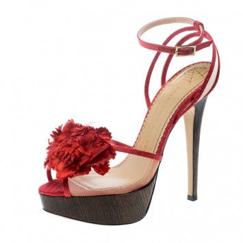 Pre Owned Charlotte Olympia Red Satin and Mesh Pomeline Peep Toe Platform Sandals Size 37