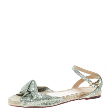 Pre Owned Charlotte Olympia Metallic Silver Glitter Fabric Marina Knot Ankle Strap Flat Sandals Size 38.5